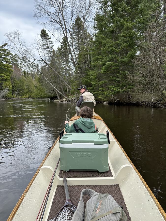 Looking down a drift boat on the Au Sable Holy Water